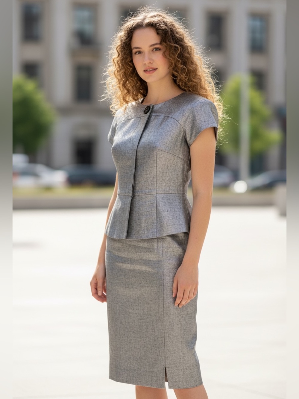 90s LINEN BLEND SILVER METALLIC JACKET & PENCIL SKIRT SUIT MINIMALIST 6